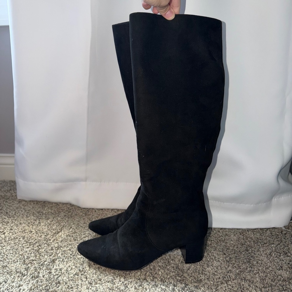 J. Crew Womens Black Faux Suede Knee High Pointed Toe Block Heel Boots 8.5
